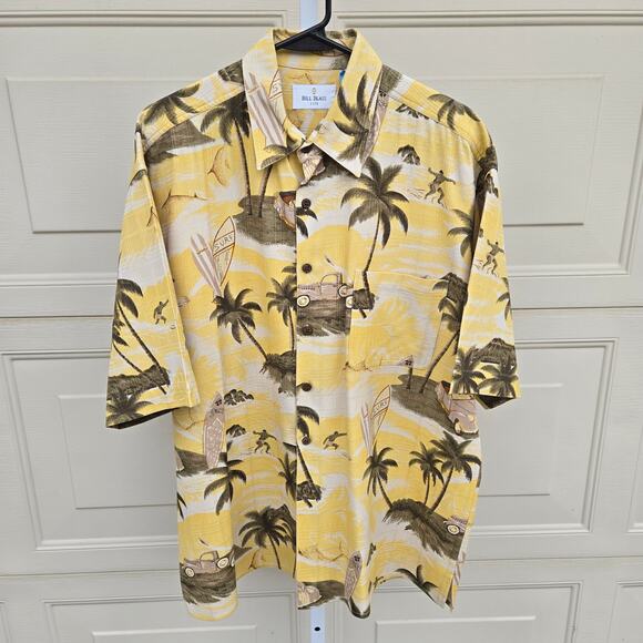 Bill Blass Silk Hawaiian Short Sleeve Button Shirt Vacation Surf Yellow sz Large - Picture 1 of 15